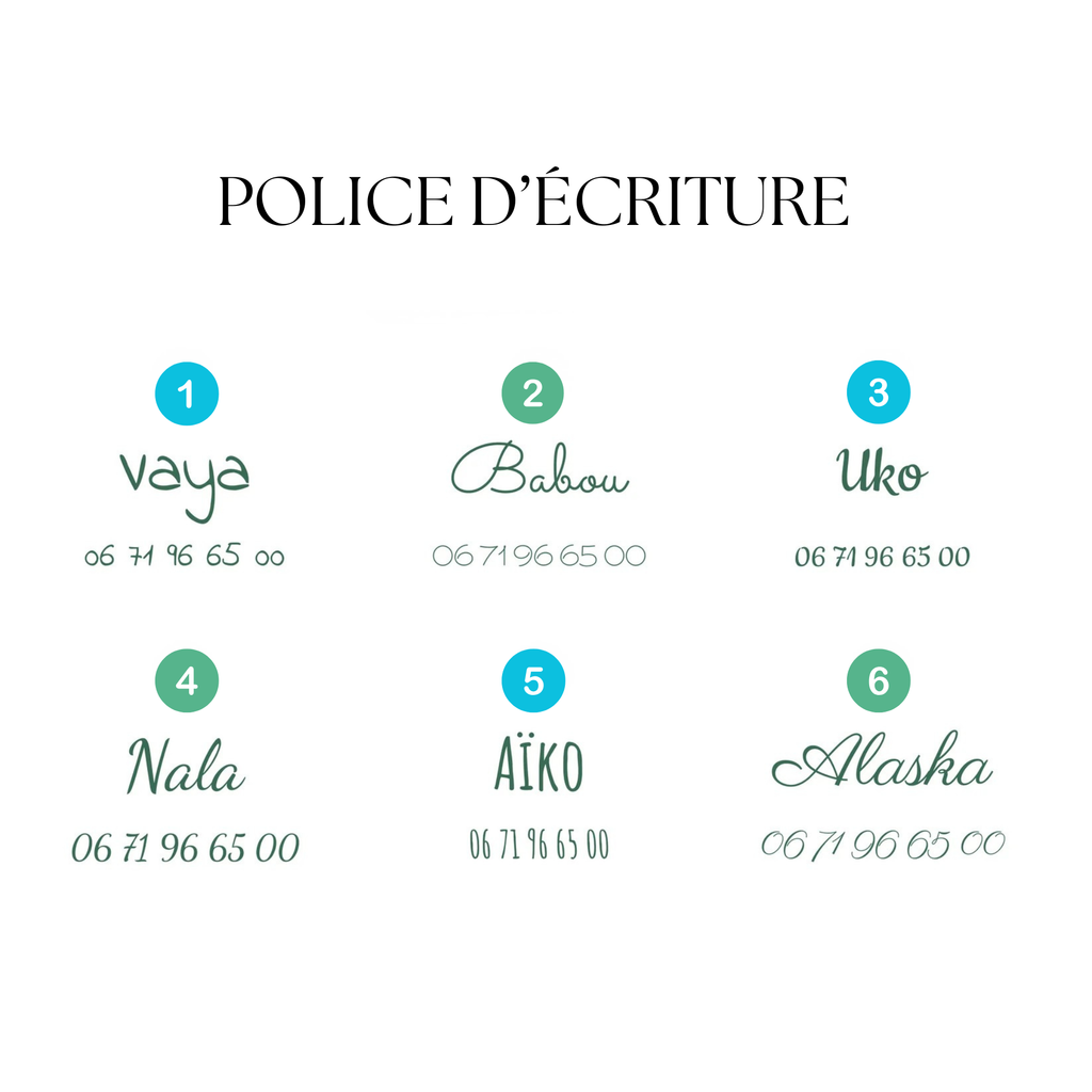 Les 6 polices d'écriture disponibles pour la gravure du collier WOOLY