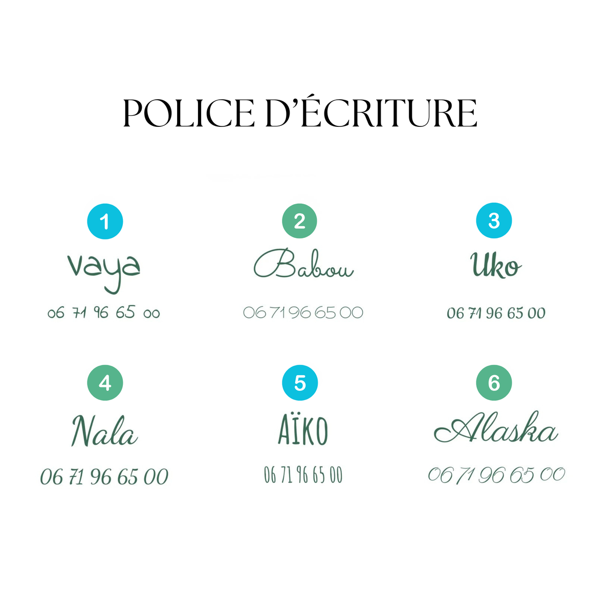 Les 6 polices d'écriture disponibles pour la gravure du collier WOOLY