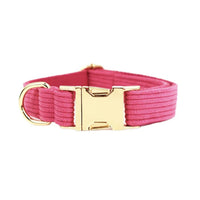 Collier chien velours côtelé framboise, boucle dorée